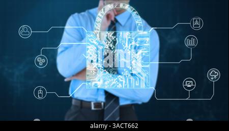 Businessman contemplating digital security with virtual lock and technology icons Stock Photo