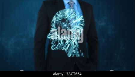 Businessman in suit with digital circuit overlay, representing artificial intelligence Stock Photo