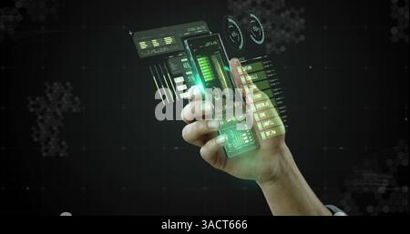 Interacting with futuristic smartphone hologram, hand displaying digital data Stock Photo