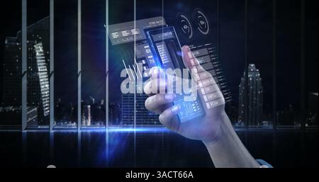 Person using futuristic smartphone with holographic display in modern cityscape Stock Photo