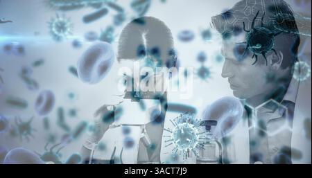 Examining samples under microscope, scientists in laboratory analyzing bacteria and cells Stock Photo