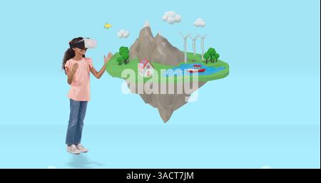 Using VR headset, child exploring virtual reality island in school environment Stock Photo