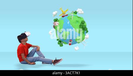 Boy using VR headset exploring virtual world with floating 3D globe Stock Photo