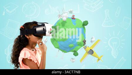 Child exploring virtual reality with VR headset, engaging with interactive 3D world Stock Photo