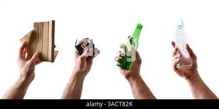 Set of hands collecting different types of waste for recycling on isolated white background. Stock Photo