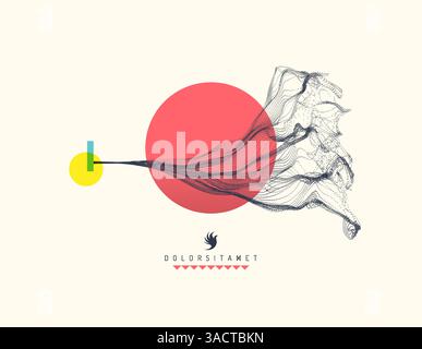 Abstract art in Japanese style. Array with dynamic emitted particles. Water splash imitation. Modern science background. Vector illustration. Stock Vector