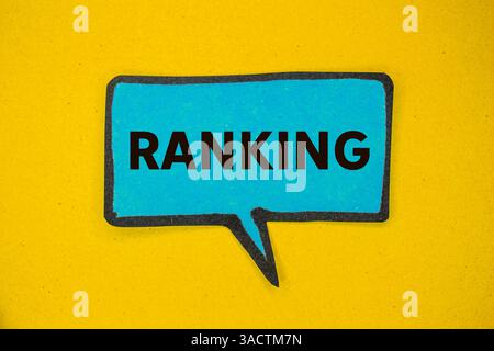 Ranking message written on blue paper speech bubble on yellow background. Conceptual ranking symbol. Copy space. Stock Photo