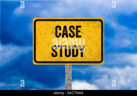 Case study message written on yellow metal sign. Conceptual case study symbol. Copy space. Stock Photo