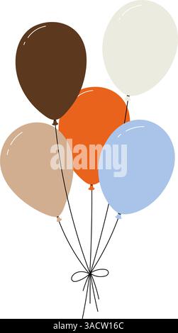 Bundle of colorful balloons with strings, floating party decoration in simple doodle style, birthday celebration icon. Flat vector illustration isolat Stock Vector
