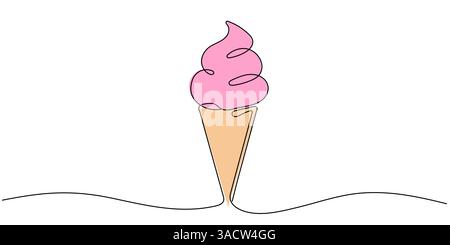 Ice cream in waffle cone in one continuous line drawing. Editable stroke. Stock Vector