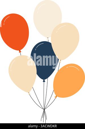 Bundle of colorful balloons with strings, floating party decoration in simple doodle style, birthday celebration icon. Flat vector illustration isolat Stock Vector