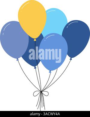 Bundle of balloons with strings, simple doodle outline, floating party decoration for birthday celebration. Flat vector illustration isolated on white Stock Vector