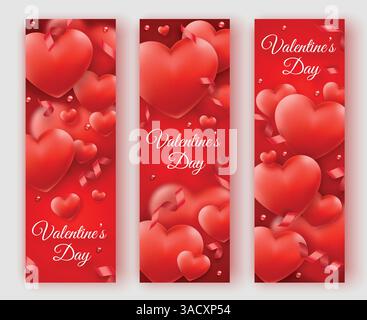 Three Valentines Day vertical banners with red hearts, ribbons and colorful balls. Holiday vector card illustration on red backgrounds Stock Vector