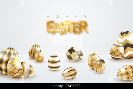 Easter holiday white background with realistic golden decorated eggs and text. Vector poster, flyer, banner on light background Stock Vector