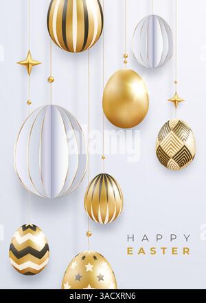 Easter holiday vector background with realistic golden decorated eggs, stars balls and text. Poster, flyer, banner on light background. Decorations ha Stock Vector