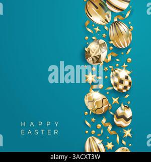 Easter blue background with realistic decorated golden eggs, ribbons, stars, balls and text. Minimalistic vector design. Holiday poster, flyer, banner Stock Vector