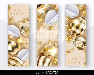 Three Easter vertical banners with realistic golden decorated eggs, ribbons, stars and balls. Easter card illustration on light background. Vector ill Stock Vector