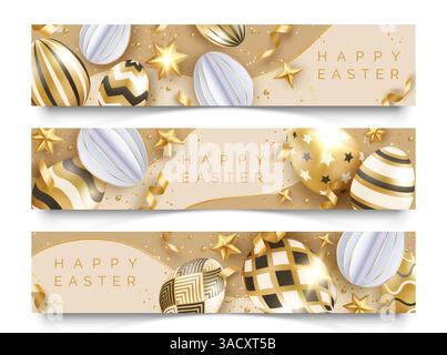 Three Easter horizontal banners with realistic golden decorated eggs, ribbons, stars and balls. Easter card illustration on light background. Vector i Stock Vector