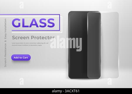 Smartphone vector mockup with glass screen protector. 3d mobile phone and screen protector film Modern cell phone template mockup in abstract scene wi Stock Vector