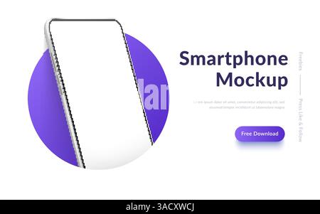 White realistic smartphone vector mockup in the circle. 3d mobile phone with blank white screen. Modern cell phone template on gradient background. Il Stock Vector