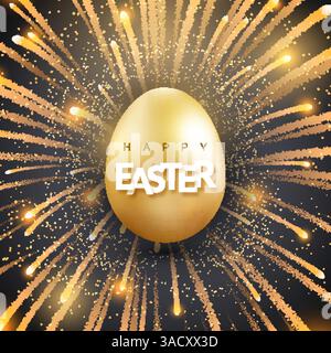 Easter background with shining golden egg and firework. Holiday vector card illustration on black background. Bursting firework and glitter texture Stock Vector
