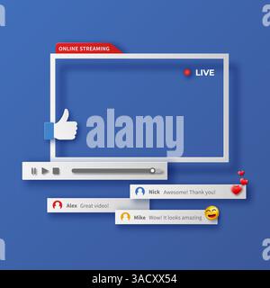 Video player design template with shadow. Vector template interface video player, multimedia frame. Mockup video channel. Video content, blogging. Soc Stock Vector