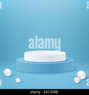 Realistic cylinder vector podium. White and blue round podium stage and 3d exhibit displays. 3d geometric shapes vector set. Spheres and pedestal circ Stock Vector