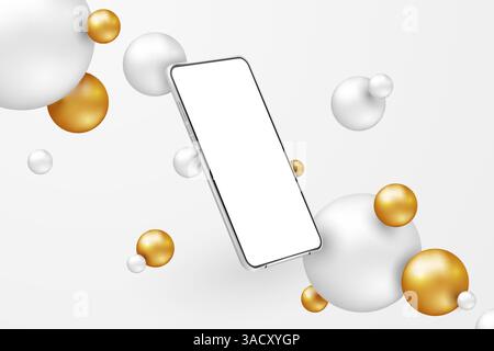 White realistic vector smartphone mockup. 3d mobile phone with blank white screen on light background. Modern cell phone template mockup in abstract s Stock Vector