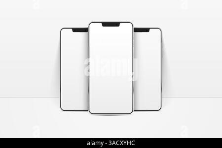 White realistic smartphones vector mockup. 3d mobile phones with blank white screen. Modern cell phones template on white background. Illustration of Stock Vector