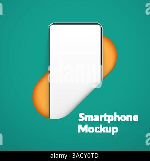 White realistic smartphone mockup in the hole. 3d vector mobile phone with blank white screen. Modern cell phone template on green background. Illustr Stock Vector