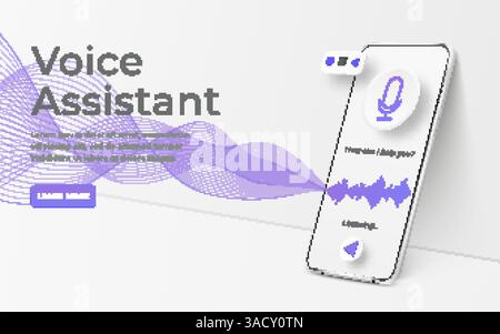 White realistic vector 3d smartphone. Voice assistant concept. Mobile app infographic template with buttons and audio waves. Interface for audio contr Stock Vector