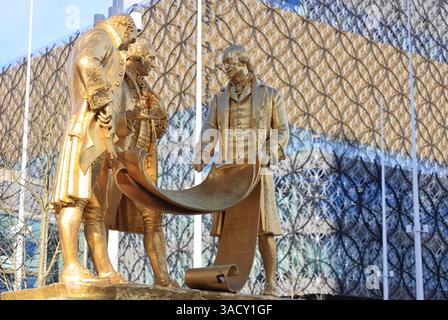 The Golden Boys, golded statue of Boulton, Murdoch & Watt, unveiled in 1956 to commemorate the contribution of the 3 men to 'the industry of Brum', UK Stock Photo