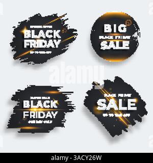 Set of four black brush strokes with flare. Black friday vector sale templates. Grunge abstract black rough brush strokes Stock Vector