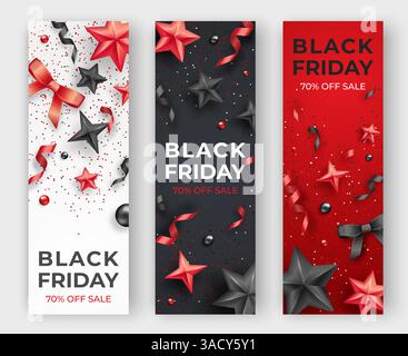 Three Black friday vertical banners with realistic ribbons, stars and colorful balls. Holiday vector card illustration on red, white and black backgro Stock Vector