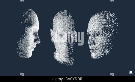Three human faces built from particles. Conceptualisation of technology and robotics. Anonymous social disguise. Visual contact. Opponents facing each Stock Vector