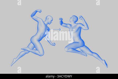 Leadership, freedom or development concept. Jumping man. 3D human body model. Design for sport. Vector illustration composed of particles. Stock Vector