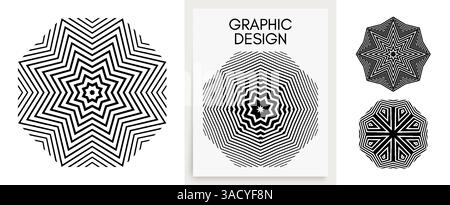 Set of striped minimalist shapes with optical illusion effect. Emblems or geometric shapes for your design. 3D illustration for brochure, card, cover, Stock Vector