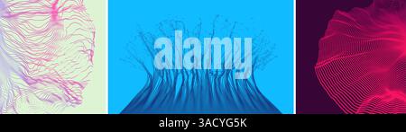 Array with dynamic emitted particles. Water splash imitation. Abstract background. Cover design template. 3D illustration for brochure, poster, presen Stock Vector