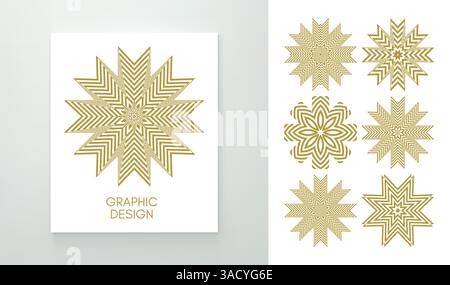 Set of striped minimalist shapes with optical illusion effect. Emblems or geometric shapes for your design. 3D illustration for brochure, card, cover, Stock Vector