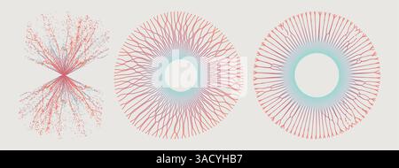 Array with dynamic particles of small particles in circle. Modern science and technology element. Abstract dotted background. Water splash imitation. Stock Vector