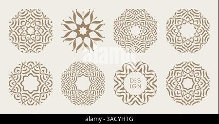 Set of striped minimalist shapes with optical illusion effect. Emblems or geometric shapes for your design. 3D illustration for brochure, card, cover, Stock Vector