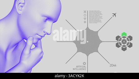 Abstract human head made of dots. Scientific discoveries. Side view of a dotted face background. Planning work moments, travelling, research, etc. 3D Stock Vector