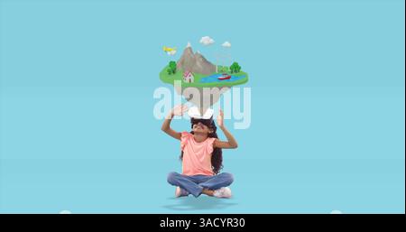 In school, child exploring virtual reality, sitting cross-legged, experiencing adventure Stock Photo