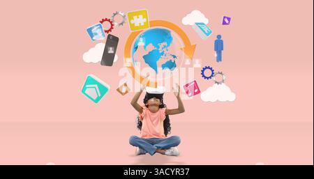 Child using VR headset exploring digital world with interactive icons floating Stock Photo