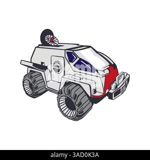 Space car, Mars rover. Transport moving on the surface of planets and the moon. Hand drawn vector illustration. Cosmonautics Day cards, invitations Stock Vector