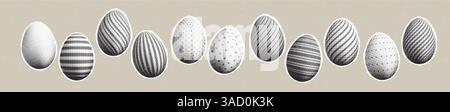 Vector Illustration Background with Monochrome Decorated Easter Eggs in Various Patterns and Designs Arranged Horizontally on a Beige Surface Stock Vector