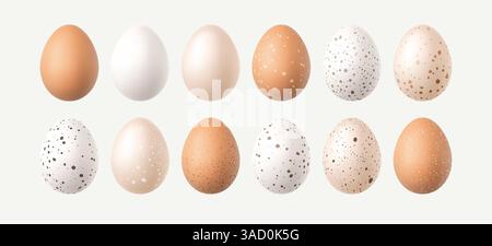 Collection of Speckled and Plain Vector Illustration Egg Designs Displayed In Rows on White Background Stock Vector