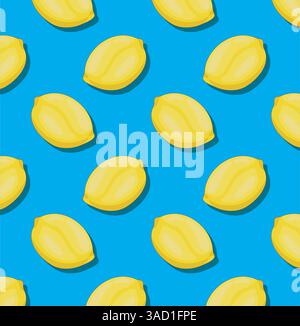 Pattern with fresh lemons on blue background. Creative concept Stock Vector