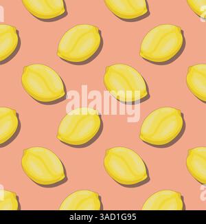 Pattern with fresh lemons on coral background. Creative concept Stock Vector