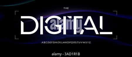 Futuristic Digital Font on Dark Tech Background with Neon Wave Lines in Minimalist Style. Edgy Geometric Alphabet for Cyberpunk Design, Tech Branding Stock Vector